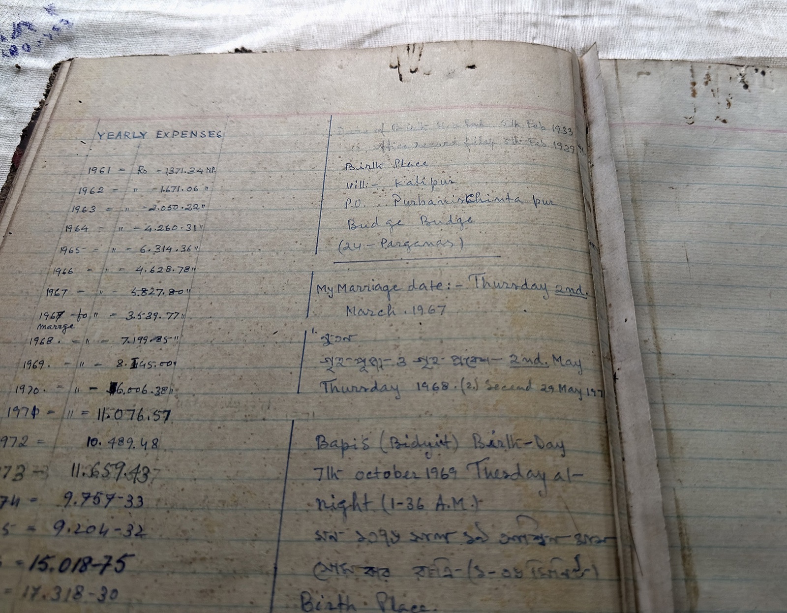 A handwritten household ledger recording yearly expenses and family dates